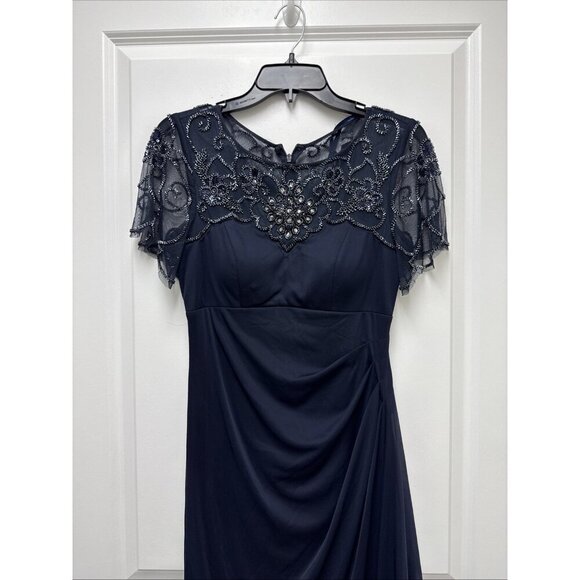 Xscape Womens Size 4 Navy Blue Ruched Embellished Formal Evening Dress Gown - Picture 4 of 12